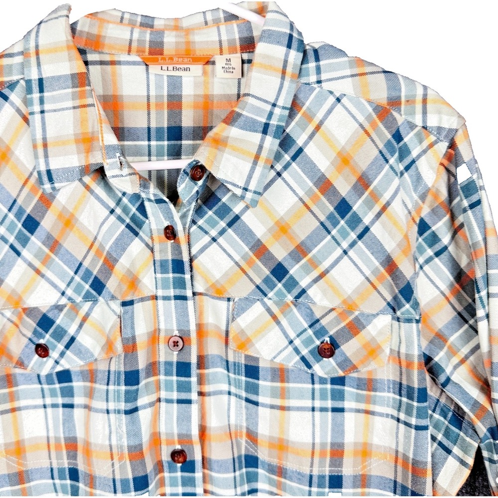 LL Bean Shirt Mens M Orange Blue Plaid Long Sleeve Button Up Cotton Flannel
